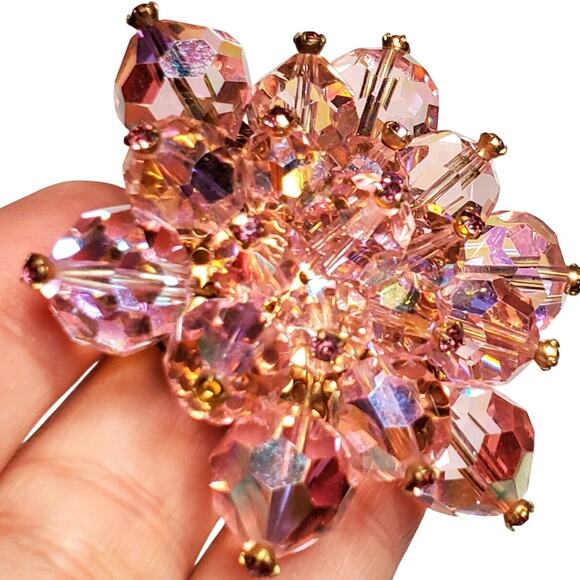 Vtg Austrian Crystal Aurora Borealis Flower Pink Cluster Gold Tone 2" Unsigned - Picture 3 of 8